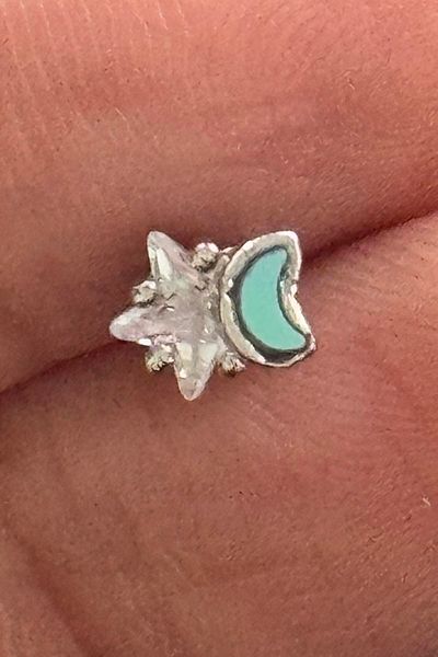 TAKIŞTIR Silver Color Moon and Star Figured Stone Detailed Surgical Steel Tragus/ Cartilage Earring/Piercing (Single)