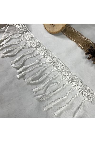 Bukle İplik Retro Patterned Feather Detail Fringed Guipure Decorative Strip (8 cm Width) - 1 Meter