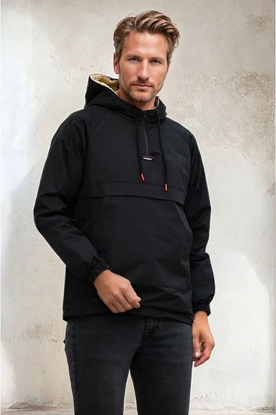 OHM OHEPMODA Slim Fit Fur Lined Kangaroo Pocket Men's Raincoat Coat Black