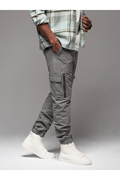 OMBRE Men's jogger pants with cargo pockets and print - gray V4 OM-PAJO-0200 L