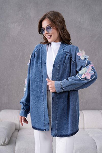 Miss Allos Kadın Arkası Ve Kolları Nakışlı Tül Çİçek Ve Taş İşlemeli Kot Kimono Ceket