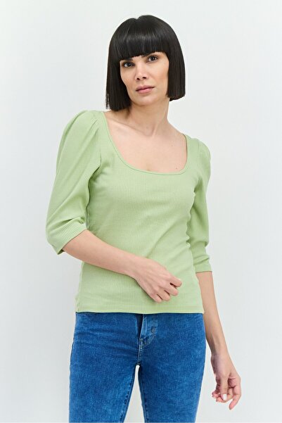 Brave Soul Women Scoop Neck 3/4 Sleeves Textured Top, Sage