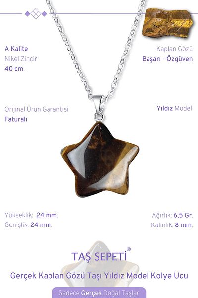 TAŞ SEPETİ Real Tiger Eye Natural Stone Star Model Chain Necklace