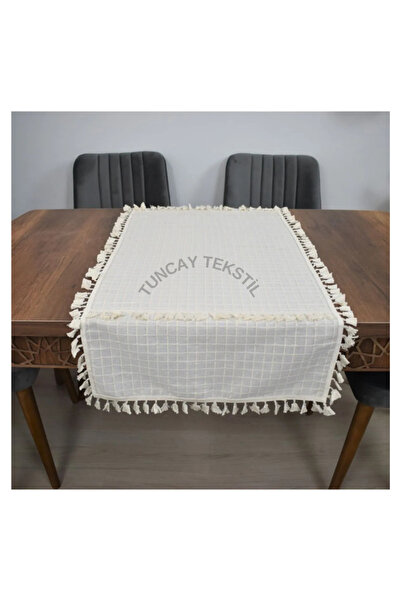 TUNCAY TEKSTİL Fringed Runner with Tassels and Pompoms - Ranir Cover Buldan Work Linen Monika Table Top Cover 50x120