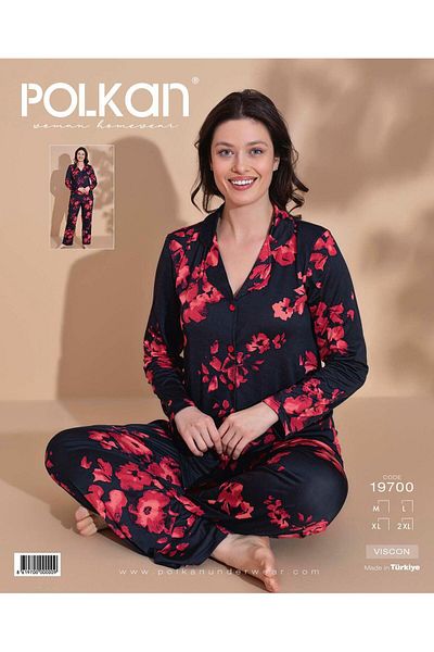 POLKAN Floral Viscon Fabric Buttoned Long Sleeve Pajama Set