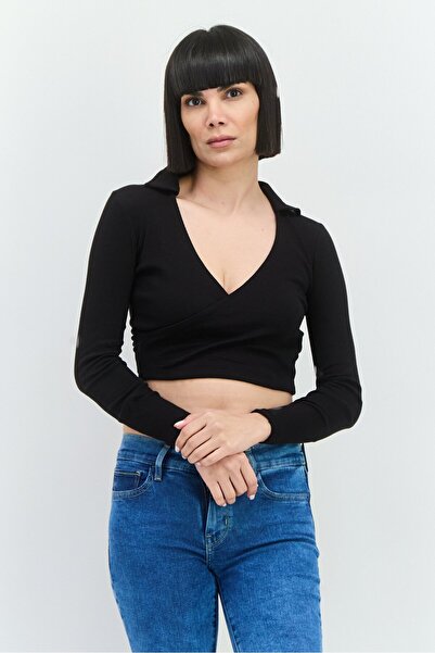 Brave Soul Women Surplice Neck Long Sleeves Textured Crop Top, Black