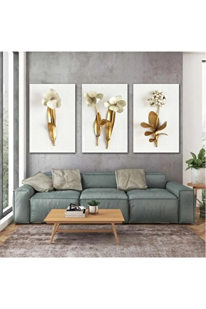 AR AJANS KANVAS TABLO White Flowers with Gold Branches Modern Decor Triple Co...