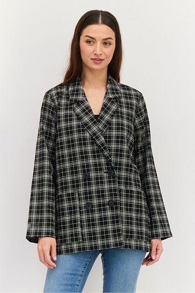 Monki Women Regular Fit Plaid Double Breasted Blazer, Black