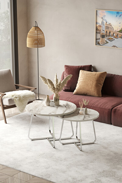 ED Efelez Design Orta Sehpa , Üsküp 2'li Orta Sehpa Takımı , Gümüş Metal - Be...