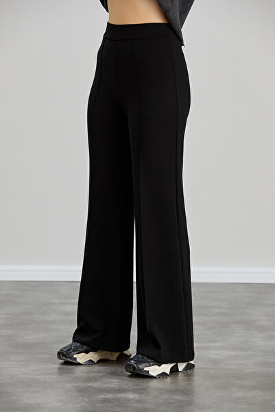 FEMİNEER.com Kadın Siyah Bol Kalıp Çımalı Yüksek Bel Likralı Toparlayıcı Pantolon