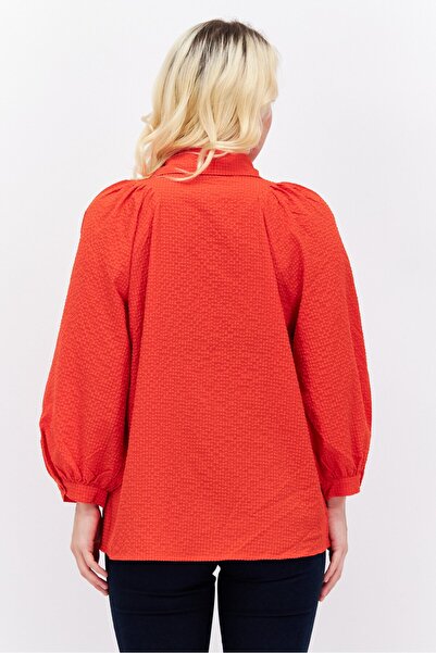 Esprit Women Pointed Neck Long Sleeves Textured Blouse, Red
