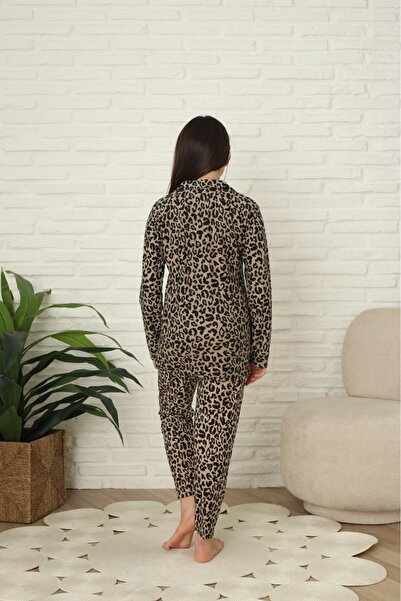 Minimoon Leopar Boydan Dügmeli  Süet Kız Çocuk Pijama Takım