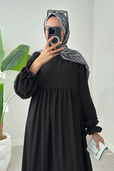 Salih Çelebi Scalloped Detailed Hijab Dress 2207 - Black