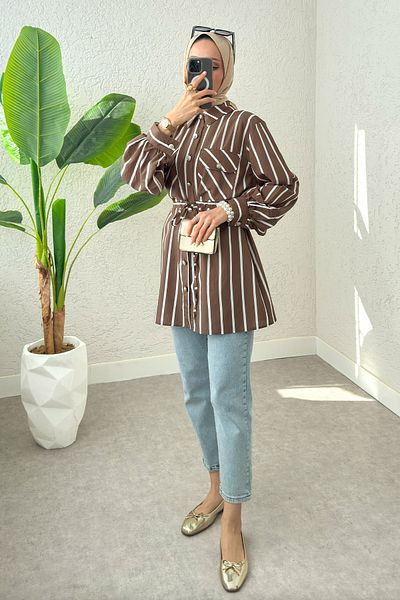 Salih Çelebi Waist Drawstring Hijab Tunic 2200 - Brown