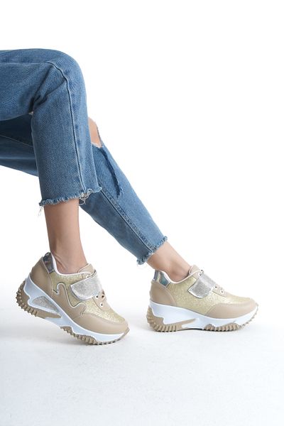 Moda Değirmeni Pantofi de damă cu sclipici auriu cu șireturi BG1154-101-0007