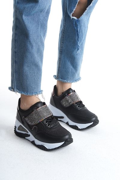 Moda Değirmeni Pantofi de damă cu sclipici negru cu șireturi BG1154-101-0007