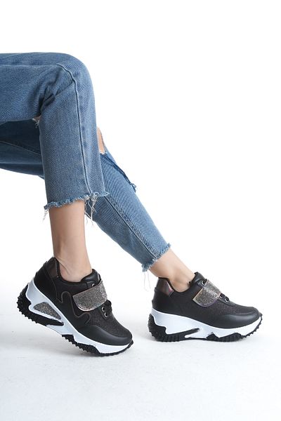 Moda Değirmeni Pantofi de damă cu sclipici negru cu șireturi BG1154-101-0007