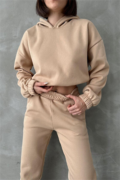 CC STORE Σετ φόρμας με 3 νήματα Crop Sweat Παντελόνι Μπεζ