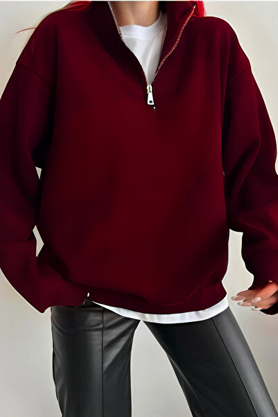 YAKAMEL Kadın Dik Yaka 3İplik Şardonlu Baskısız Fermuarlı Kazak