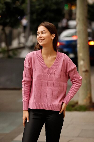 ALCHON V Geniş Dekolteli Yaka Uzun Kollu Yanı Yırtmaçlı Fitilli Baharlık İnce...