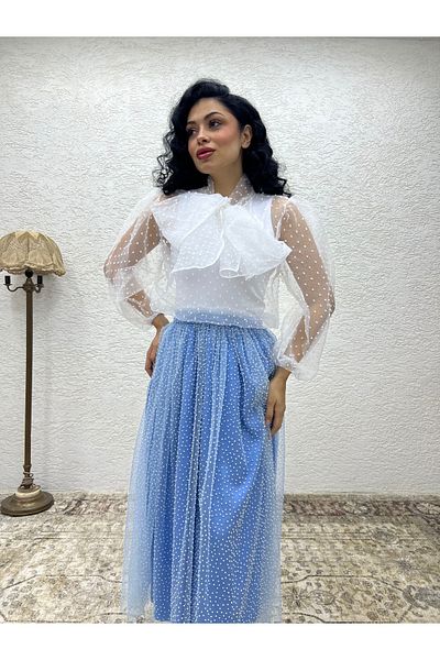 KÜÇÜĞÜM BUTİK Λευκή Οργάντζα Τούλι Μπλούζα