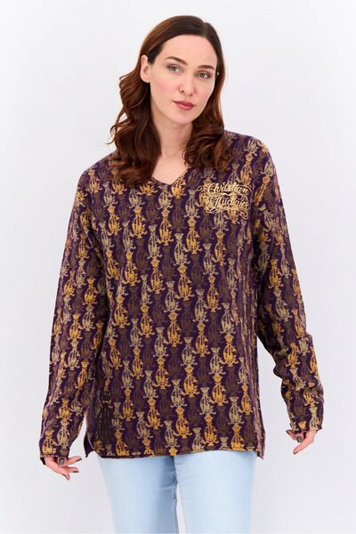 Ed Hardy سترة نسائية مطبوعة بالكامل بفتحة رقبة على شكل حرف V، لون أرجواني