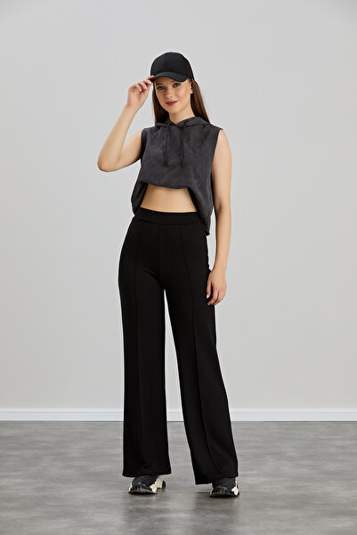 FEMİNEER.com Kadın Siyah Bol Kalıp Çımalı Yüksek Bel Likralı Toparlayıcı Pantolon