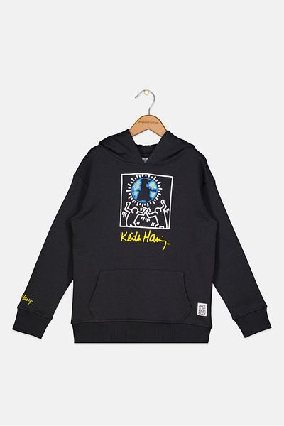 Keith Haring Kids Girl Hooded Neck Long Sleeve Graphic Sweatshirt, Charcoal Black