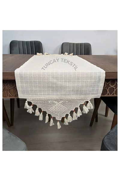 TUNCAY TEKSTİL Hand Lace Tasseled Runner Ranir Cover Buldan Work Monika Linen Coffee Table Table Top Cloth Fireplace 45x200