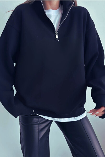 YAKAMEL Kadın Dik Yaka 3İplik Şardonlu Baskısız Fermuarlı Kazak