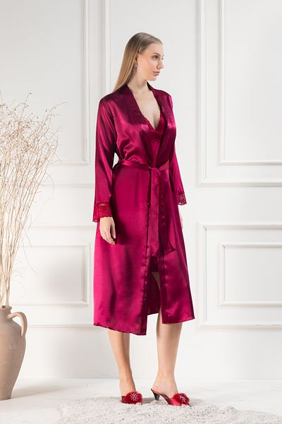 Lunoche Nightwear Women's Lace Back Detailed Long Satin Dowry Double Nightgown Dressing Gown Set