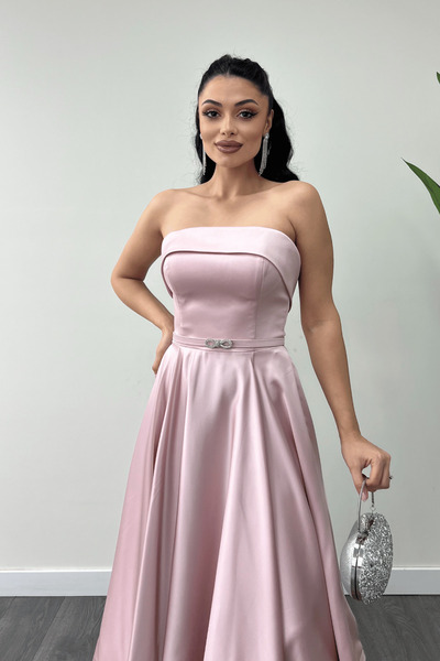 giyimmasalı Saten Kumaş Sırt İp Detaylı Midi Elbise - PUDRA