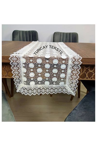 TUNCAY TEKSTİL Τραπεζομάντιλο τραπεζιού σαλονιού με μοτίβο μαργαρίτας με κορδόνι από πολυεστέρα Runner Ranır Τραπεζομάντιλο Γαλλικό Guipure Λευκό