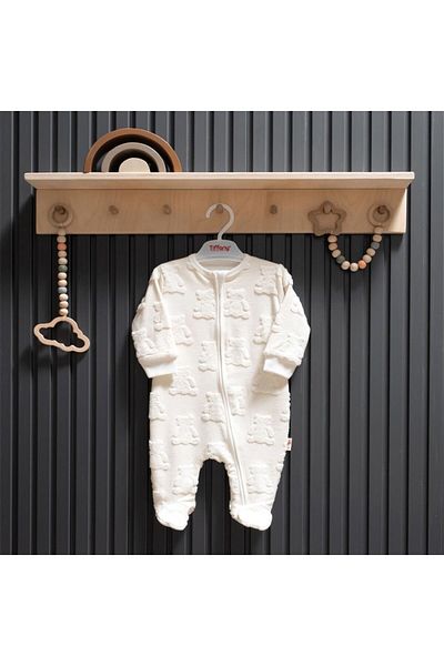 Tiffany Ecru Colored Big Bear Themed Baby Romper with Zipper and Booties 36040