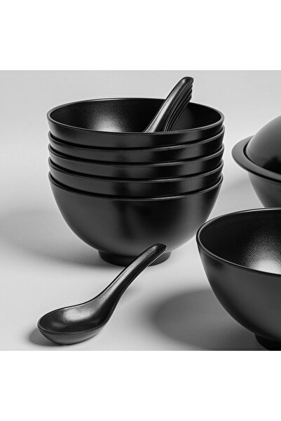 cc bin shihon 15 Piece Melamine Soup Set for 6 People Matte Black Dishwasher Safe