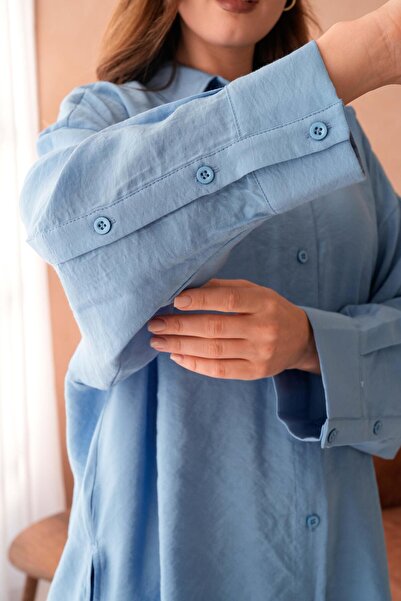 minaaise Cămașă tunică supradimensionată, lungă, asimetrică, din țesătură modal albastră 29005