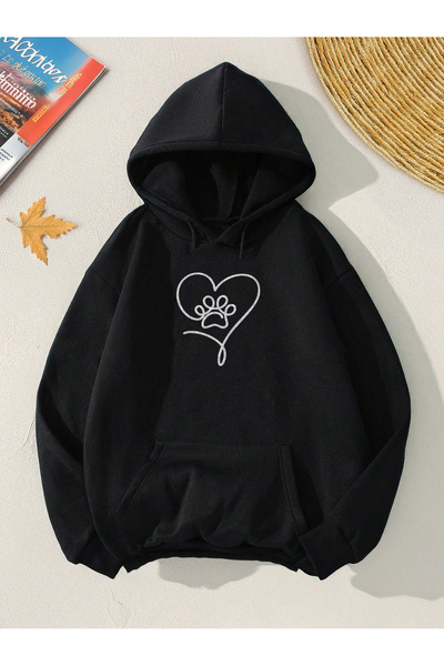 De Carte Paw Heart Printed Basic Seasonal Hooded Unisex Sweatshirt