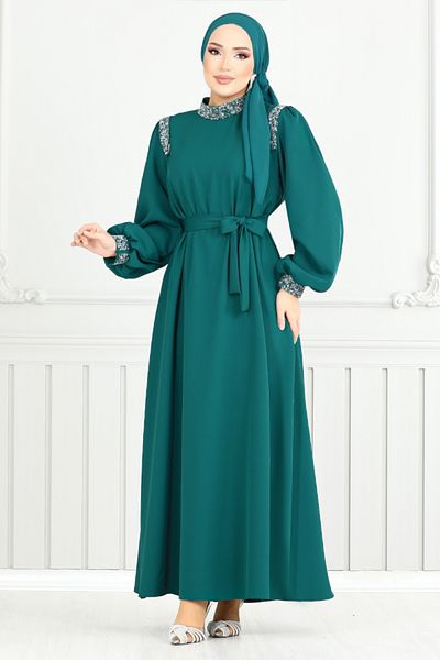 ModaMerve Petrol Colored Stone Detailed Hijab Evening Dress - 5656End900-M