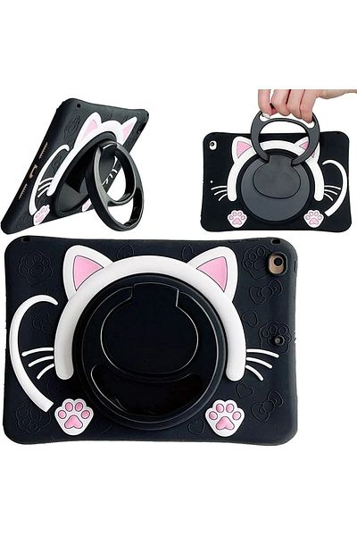 TEKNETSTORE Galaxy Tab A9 Plus 11Inch - Black Cat Pattern Children's Case with Strap and Fun Characters