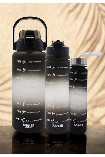M&B WATER BOTTLE مجموعة تحفيزية مكونة من 3 قطع - زجاجة مياه سوداء خالية من مادة BPA وزجاجة مياه وزجاجة مياه