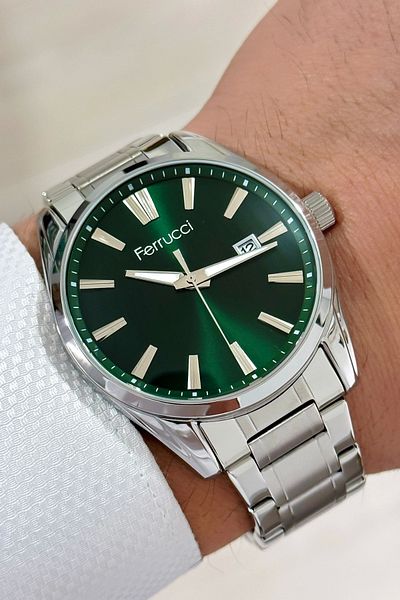 Ferrucci Zmfer161 Men's Wristwatch with Calendar – 3 Atm, Steel Band, Silver/Green