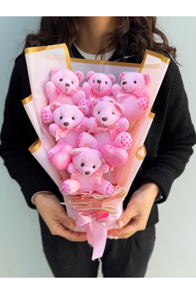 lenostra Kiza Hediye Pembe Ayıcıklı ve Kalpli Premium Ayıcık Buketi Dogum Gun...