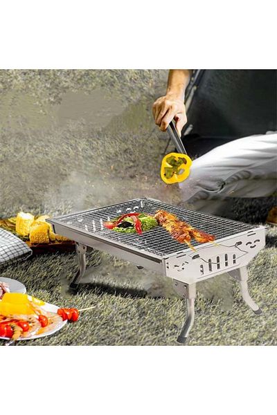 Cady One Portable Travel Charcoal Grill Foldable Stainless Steel with Legs - Silver Chrome Lightweight
