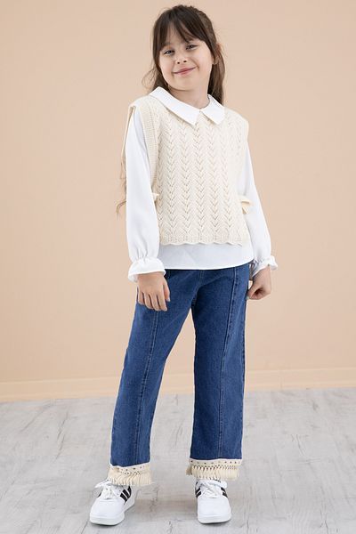 Cansın Mini Cream Lace Sweater Jeans Trousers Girls' 3 Piece Suit 20354
