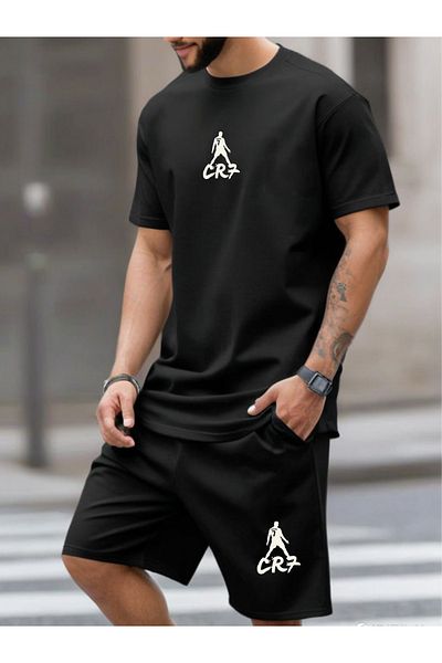 DEEPSENCE طقم شورت وتي شيرت أسود للرجال - طقم مطبوع بتصميم cr7 مكون من قطعتين