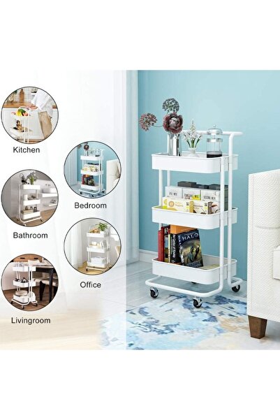 Cady One 3-Tier Rotating Storage and Organization Cart with Metal Handle White