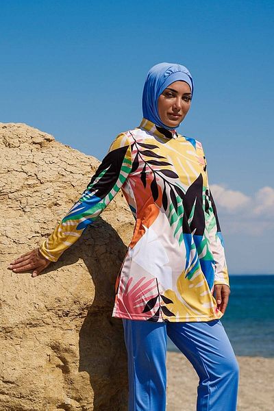 Marina Rivamera 3-piece Blue Leaf Patterned Full Covered Hijab Swimsuit - R1110