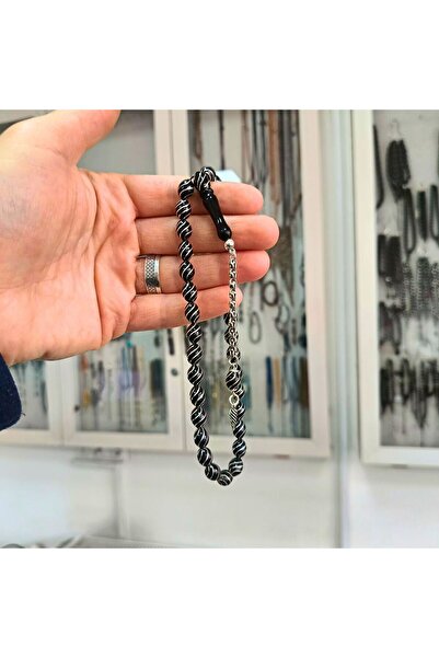 OltutaşıMarket Gümüş Çeşmi Bülbül İşlemeli Oval Kesim Koleksiyonluk Erzurum Oltu Taşı Tesbih 7 x 9.5