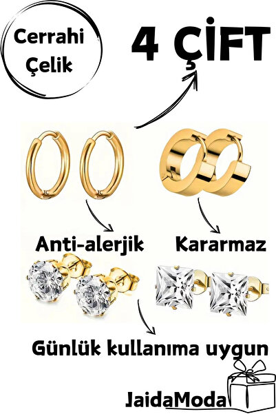 Jaida Moda Unisex Cerrahi Çelik 4 Çift Küpe Seti