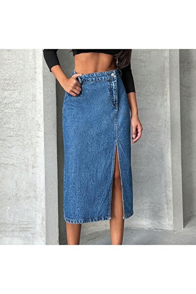 1434 Polo State Синя джинсова спідниця - жіноча спідниця довжини міді з розрізами